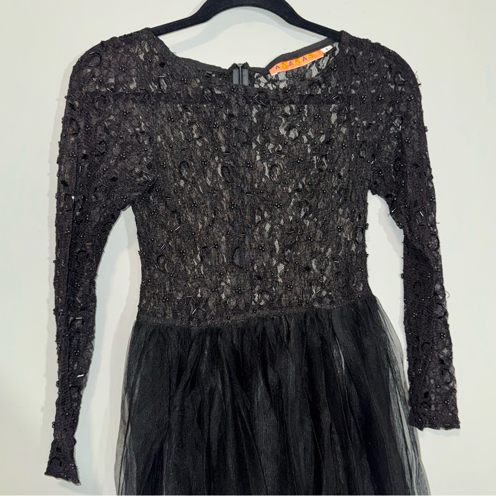 Ananas Womens Black Beaded Lace Tulle Maxi Gown Long Sleeve Formal Dress Size S - Picture 2 of 4